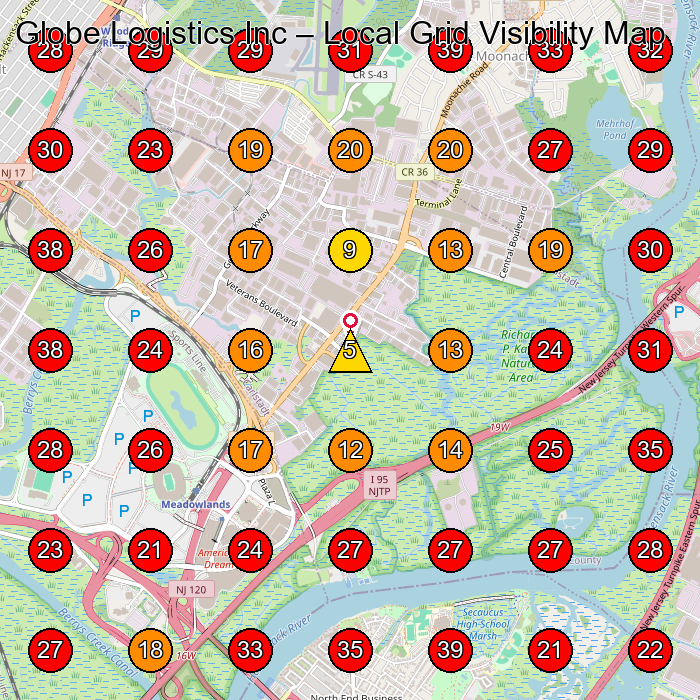 Globe Logistics Inc GeoGrid visibility map for Elevator Service in Carlstadt